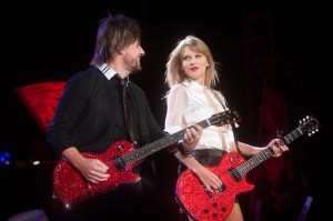 Taylor Swift plays along with Paul Sidoti at nib Stadium for the Red Tour. Photo: Matthew Tompsett